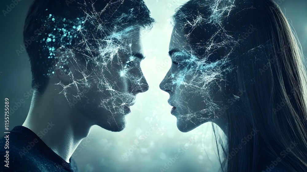 Poster Intricate Connection Between Two Faces Highlighted by Digital Patterns and Ethereal Light Representing Emotions, Thoughts, and Inner Worlds of Humanity