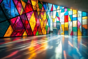 Large stained glass wall with vibrant colorful designs casting vivid reflections and patterns of light on the floor