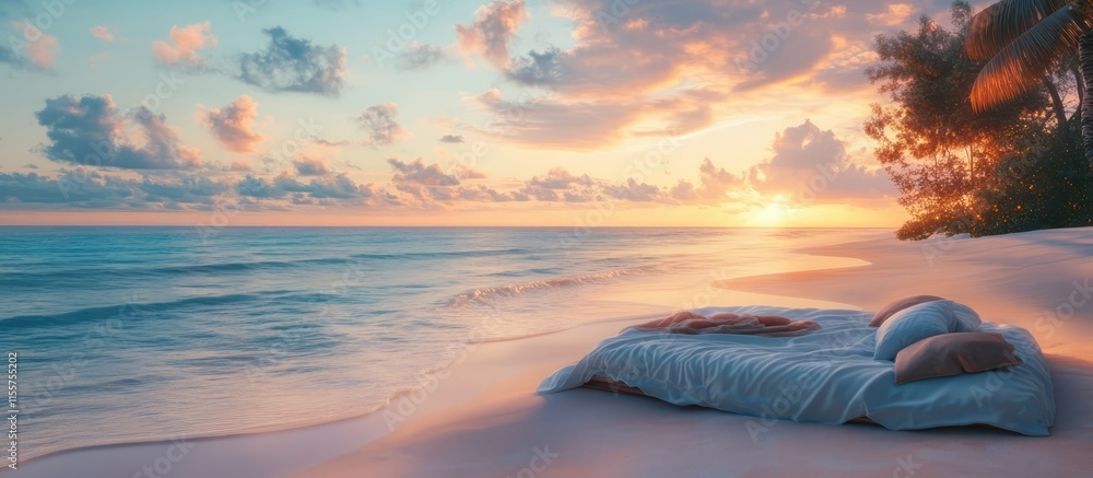 Poster tranquil beach sunset with a cozy bed on the shore surrounded by gentle waves and colorful clouds cr