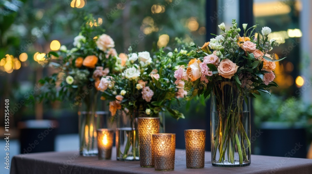 Poster stylish storefront display featuring elegant flower arrangements in glass vases with decorative cand