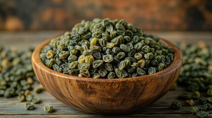 Sun dried green raisins in a rustic wooden bowl on a natural wooden surface showcasing healthy snacking option and organic food concept