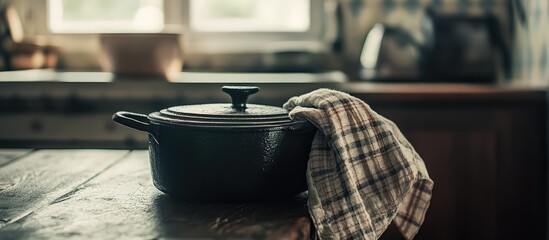 Traditional cast iron cooker with kitchen towel in rustic kitchen symbolizing warmth and the comfort of home cooking moments