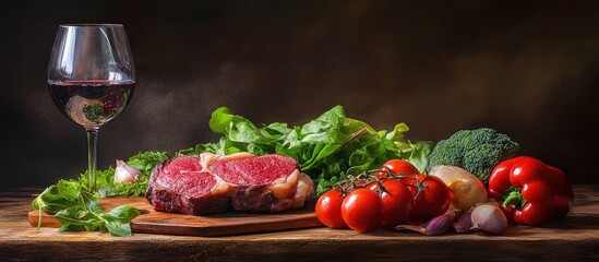Close up of a succulent steak with fresh vegetables and a glass of red wine elegantly arranged on a rustic wooden table
