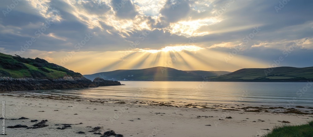 Poster serene beach at dusk with sun rays breaking through clouds illuminating calm waters and distant hill