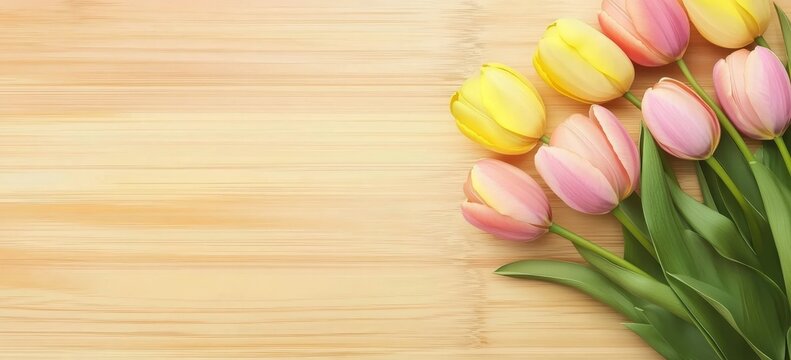 Bright and cheerful arrangement of yellow and pink tulips on wooden background for spring celebrations and events