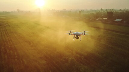 Drone Spraying in Bright Sunlight Over Fields