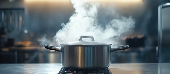 Steam rising from a pressure cooker in a contemporary kitchen showcasing modern cooking techniques and culinary efficiency