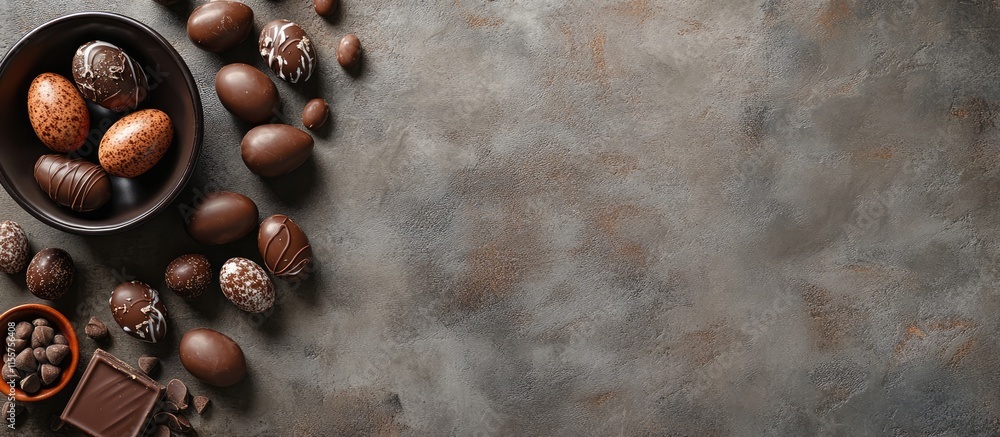 Poster chocolate easter eggs and candies displayed on a grey table flat lay with space for text on a textur