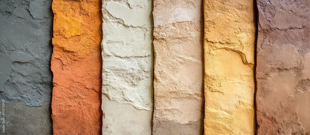 Poster diverse stucco samples arranged in a building materials store highlighting various textures and colo