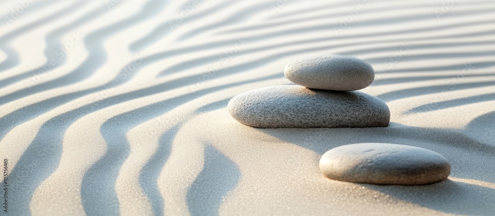 Poster stones balanced on sandy shore with gentle wave patterns creating a serene coastal landscape in soft