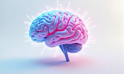 A glowing 3D-rendered brain with colorful neural connections lighting up, symbolizing active thinking and creativity. The clean white background highlights the intricate pathways and vibrant energy.