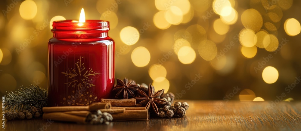 Poster advent candle with spices illuminated against a shimmering gold bokeh background creating a warm and