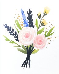 A gentle floral watercolor arrangement showcasing tiny lavender blossoms and soft pink roses, surrounded by delicate green foliage and faint golden speckles, creating a light and airy composition. 