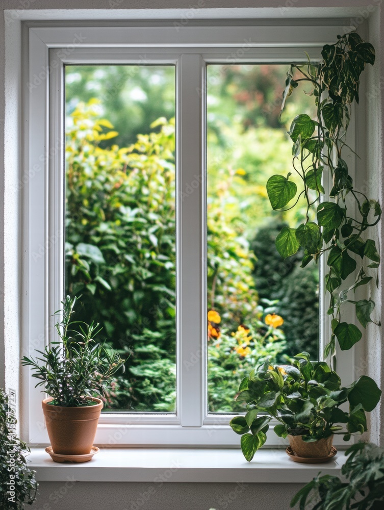 Poster bright garden view through a window with indoor plants enhancing the cozy atmosphere. generative ai