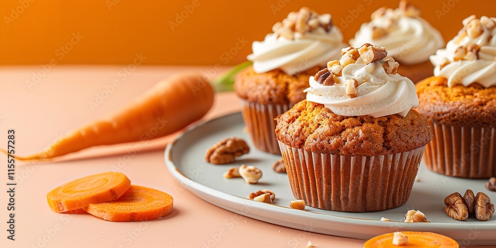 Poster an up-close view of vegan carrot muffins with cream almonds and carrot slices set against a pale ora