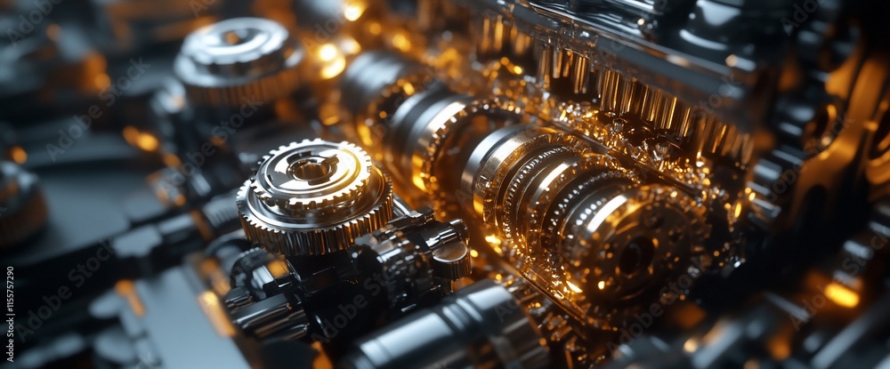 Poster close-up of a mechanical engine with intricate gears and metallic textures.