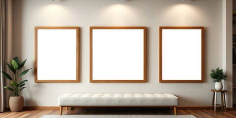 Modern Minimalist Interior Design with Three Empty Picture Frames and Bench