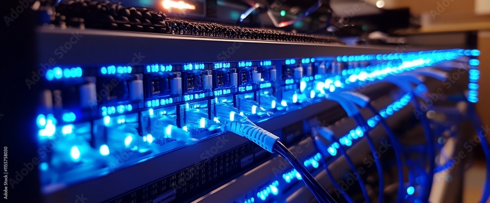 Poster close-up of a network rack with illuminated switches and connected cables.