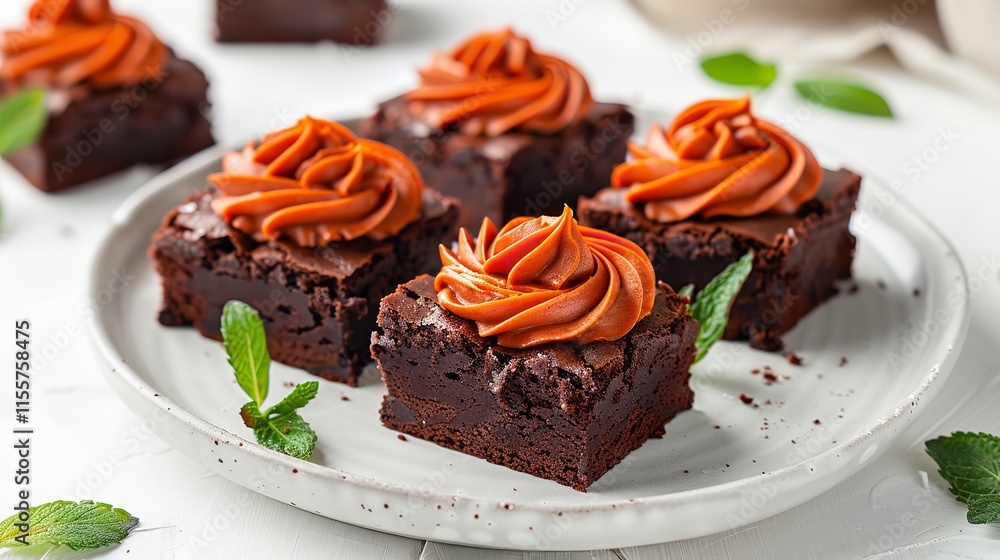 Poster close-up of delicious chocolate brownies with bright orange frosting on a white dish on a basic whit