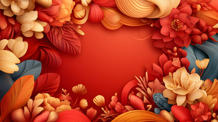 Elegant floral frame in vibrant red and gold tones, perfect for celebrations