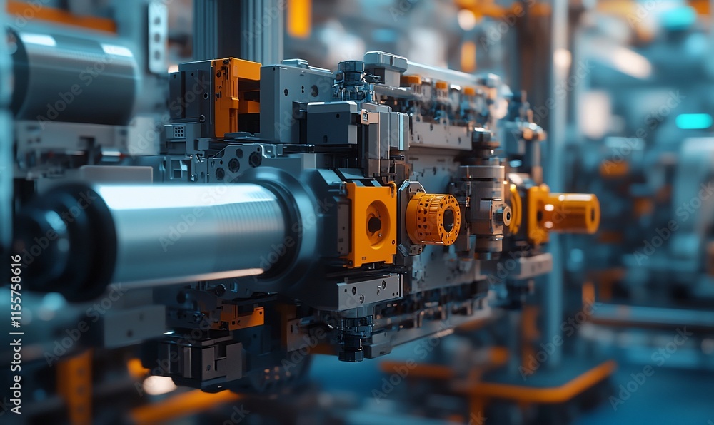 Poster close-up of an industrial machine component in a high-tech environment.
