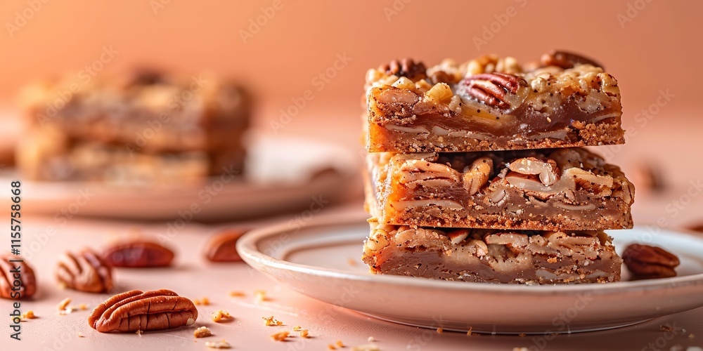 Poster a close-up of sweet maple pecan bars piled high with almonds on a little dish with a bright orange b