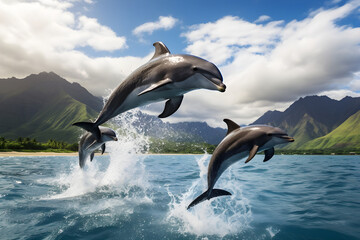 Fototapeta premium Spectacular Display of Playful Dolphins Leaping From Azure Ocean Amidst the Bright Rays of the Sun