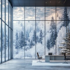 winter morning in a modern office space with large windows showcasing snow-covered trees,
