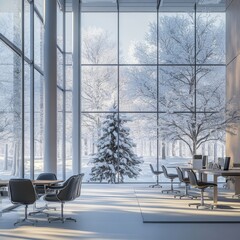 winter morning in a modern office space with large windows showcasing snow-covered trees,