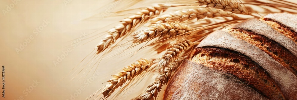 Leinwandbilder Minimalist bread loaf with wheat grains on a neutral background showcasing space for text or branding. Generative AI