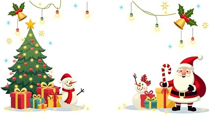 Merry Christmas Festive Illustration  Santa  Snowmen  Gifts   Tree