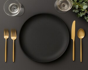 A sophisticated dinner table with matte plates, gold utensils, and crystal glasses, styled with chic, modern decor