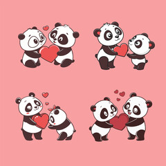 four pandas with hearts standing 