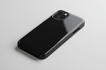 A sleek black smartphone rests on a light surface, showcasing its elegant design and camera features.