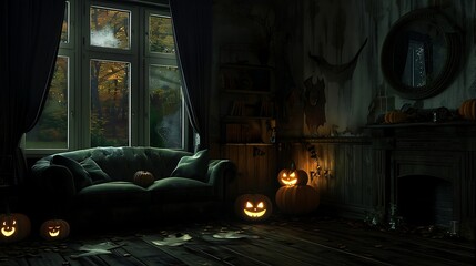 Halloween pumpkins on sofa in living room. 3d rendering