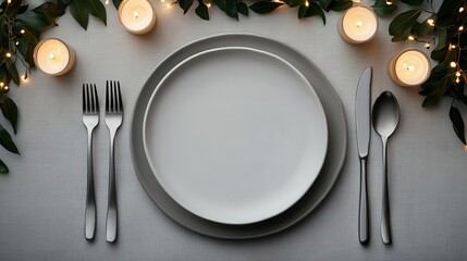 Matte plates set on a linen tablecloth with silver cutlery and candles, creating a warm, elegant dining atmosphere