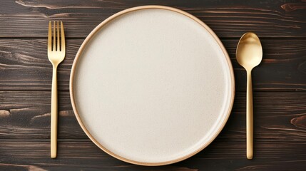 Matte plates in neutral tones paired with gold cutlery, set on a dark wooden table with modern, minimalist decor