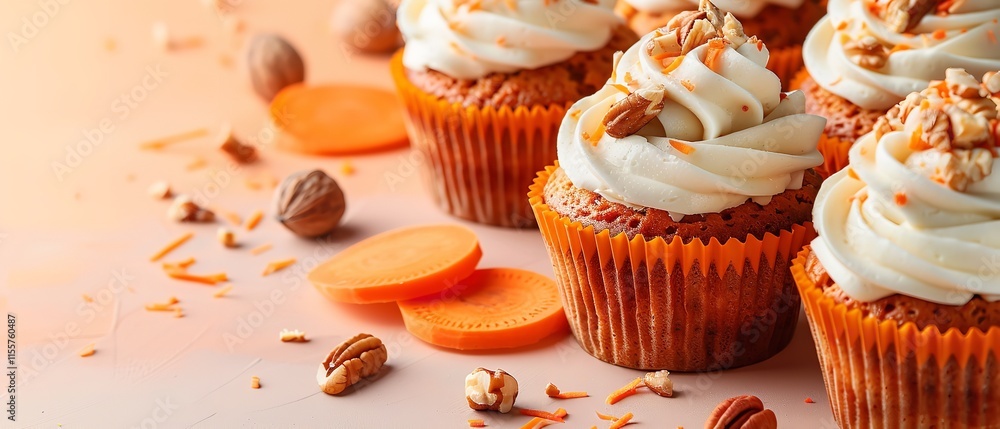 Poster an up-close view of vegan carrot muffins with cream almonds and carrot slices set against a pale ora
