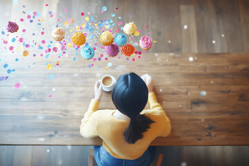 Obraz premium A woman sitting at a cozy café table, holding a cup of coffee, as an assortment of cakes and cupcakes floats whimsically above her head in a circular motion, creating a magical and charming scene.