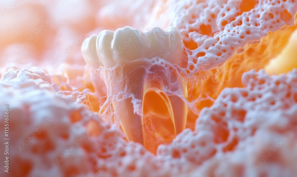 Poster close-up view of a tooth structure amidst intricate biological textures.