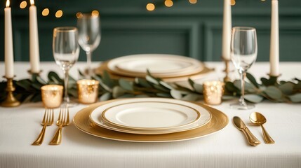 Matte plates and goldrimmed glasses on a white linen tablecloth, surrounded by candles and fine silverware for a sophisticated dining scene