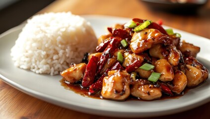 Fototapeta premium Steaming Chinese kung pao chicken with rice and veggies in spicy sauce.