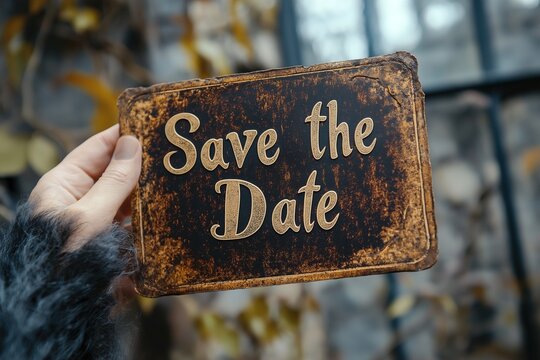 Rustic Save the Date announcement held by a person with a cozy sweater against a blurred outdoor background