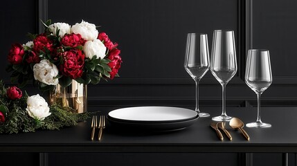 A luxurious dinner table with matte plates, crystal wine glasses, and floral arrangements, perfect for a sophisticated celebration