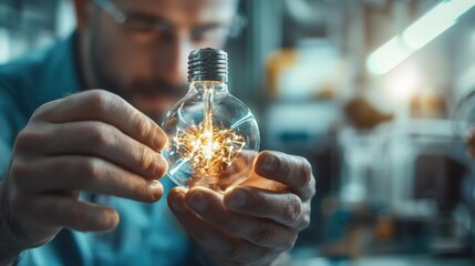 Obraz premium A focused individual examines a glowing light bulb, showcasing sparks of creativity and innovation in a workshop setting.