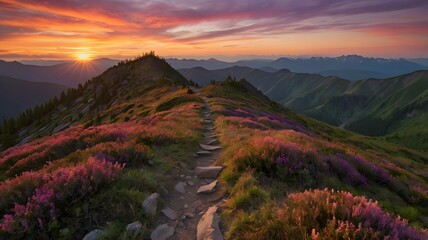 Majestic Sunset Mountain Trail  Wildflowers  Hiking Path