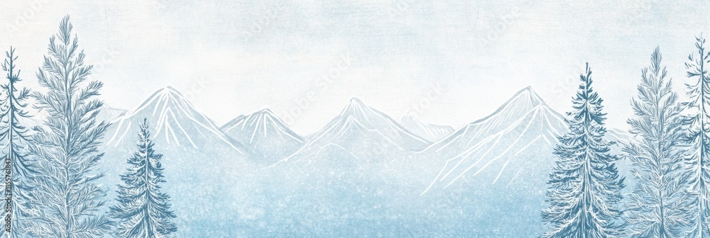 Fototapete snowy mountains and pine trees in a minimalist winter doodle with ample copy space for design use. g