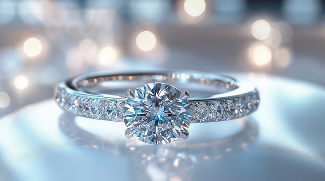 Sparkling diamond engagement ring on reflective surface