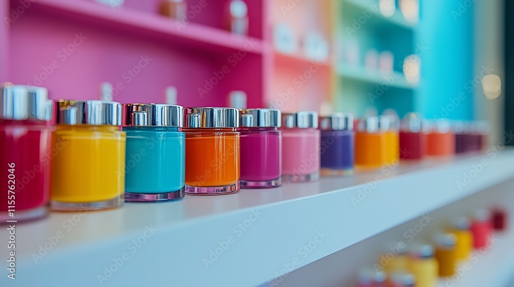 Poster colorful jars of nail polish arranged on a shelf for display and selection.