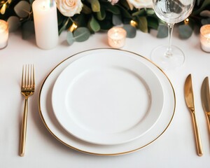 Matte plates and gold cutlery on a linen tablecloth, surrounded by candlelight and soft floral arrangements for an elegant evening